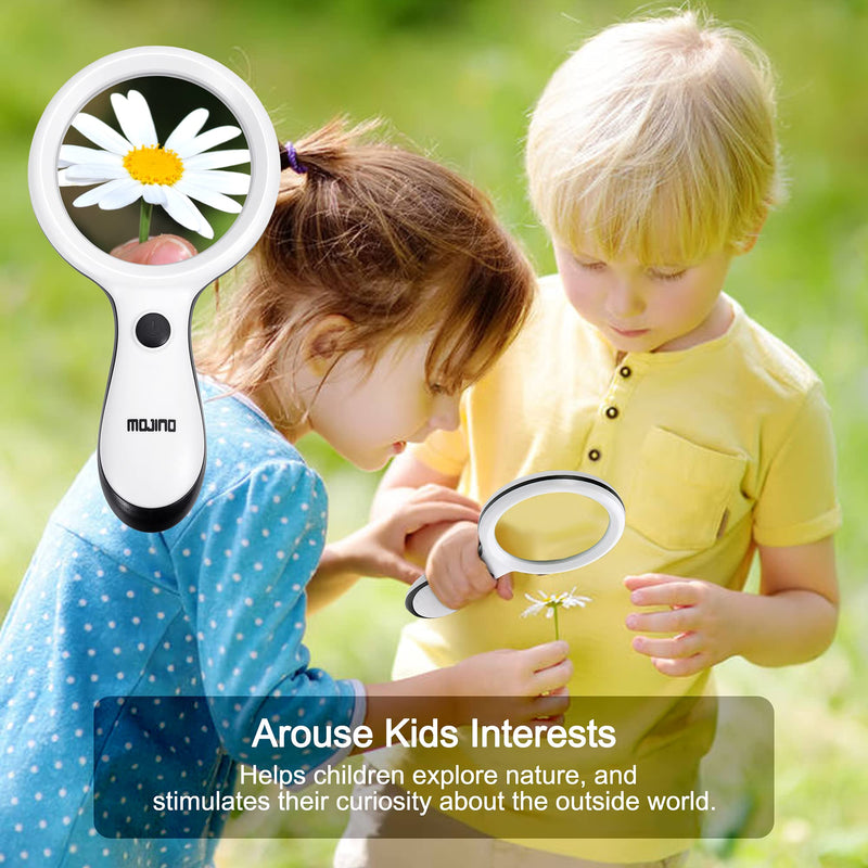 Magnifying Glass with Light, MOJINO 10X Lighted Large Handheld Reading Magnifier Glasses with 18 LED Lights for Macular Degeneration, Seniors & Kids Reading, Inspection, Coins, Jewelry, Exploring White