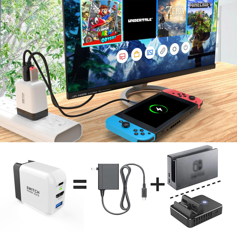 Switch Dock Charger for Nintendo Switch, Mirabox 36W Portable TV Docking Station for Nintendo Switch with 4K@60Hz HDMI/USB2.0/PD USB-C Fast Charging Ports, Full-Featured USB-C to USB-C Cable Included White