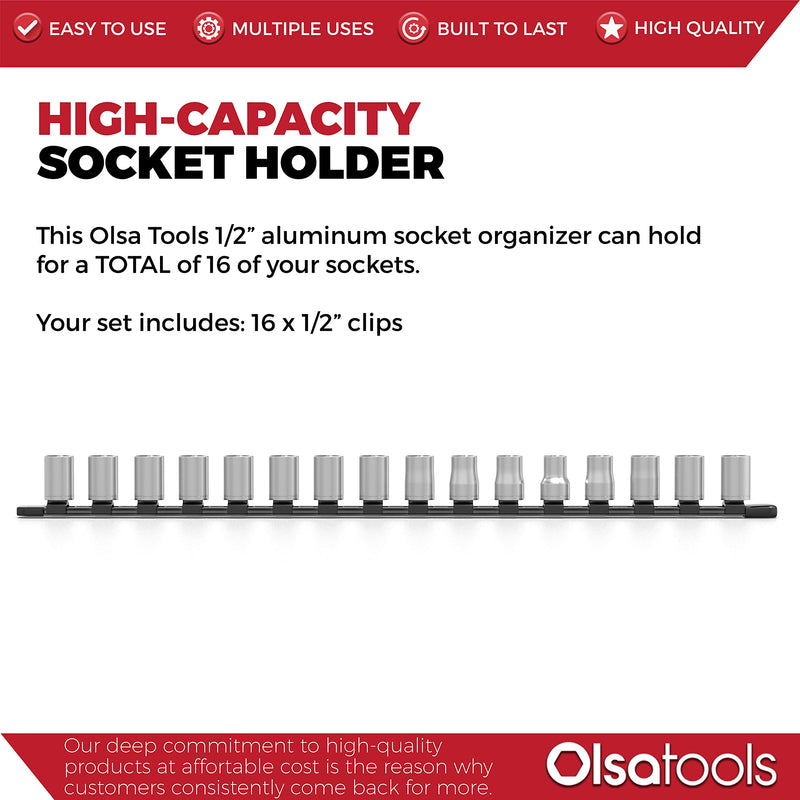 Olsa Tools 1/2-Inch Drive Aluminum Socket Organizer | Professional Quality Socket Holder (Black) Black