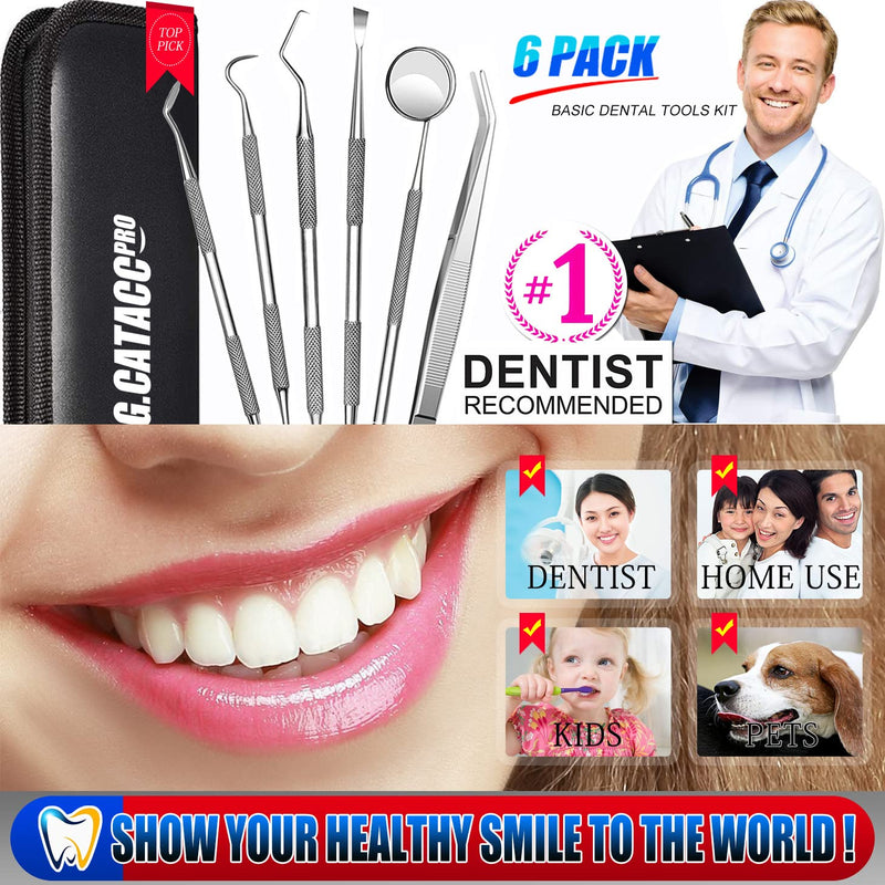 Dental Tools, Plaque Remover for Teeth, Professional Dental Hygiene Cleaning Kit, Stainless Steel Tooth Scraper Plaque Tartar Remover Cleaner, Dental Pick Scaler Oral Care Tools Set - with Case 6 Pack Dental Tools With Black Case