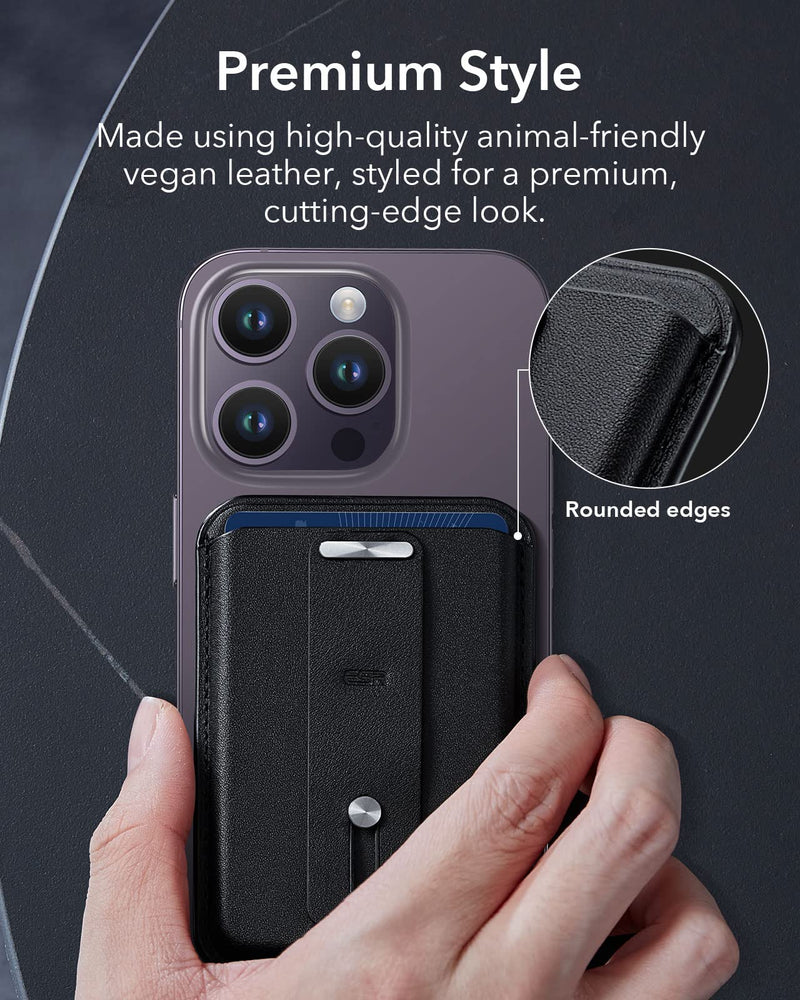 ESR MagSafe Wallet (HaloLock), iPhone Wallet with Secure-Grip Finger Loop, Magnetic Wallet for iPhone 14/13/12 Series, Not for 13/12 Mini, 3-Card Holder, Vegan Leather, MagSafe Accessories, Black
