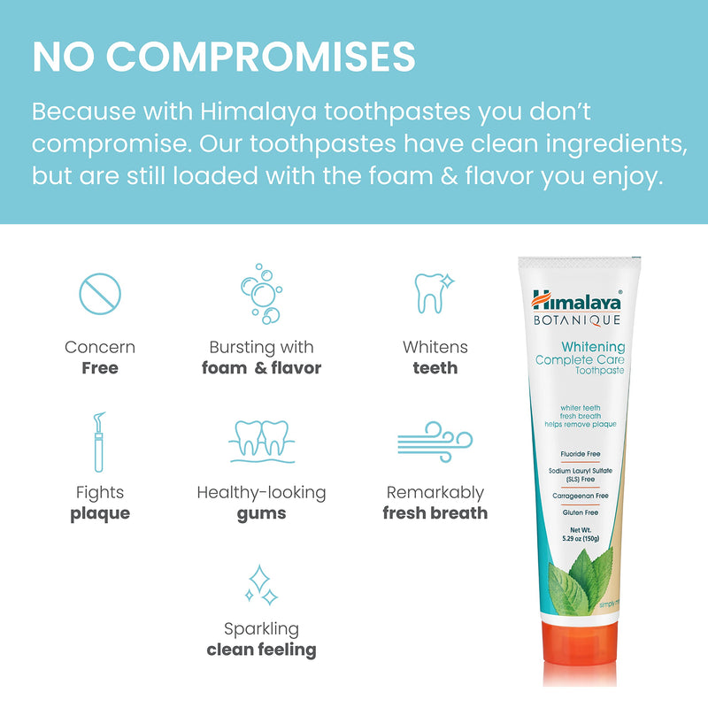 Himalaya Botanique Complete Care Whitening Toothpaste, Simply Mint, for a Clean Mouth, Whiter Teeth and Fresh Breath, 5.29 oz 5.29 Ounce (Pack of 1)