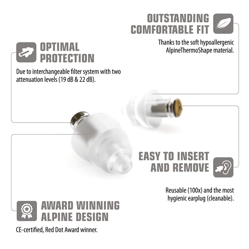 Alpine MusicSafe High Fidelity Music Ear Plugs for Concert & Noise Reduction - Professional Musicians Hearing Protection, 2 Inter-Changeable Filter Sets - Hypoallergenic Reusable Transparent Earplugs Standard-transparent