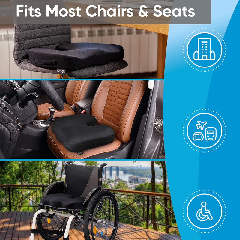 Seat Cushion Pillow for Office Chair - Memory Foam Firm Coccyx Pad - Tailbone, Sciatica, Lower Back Pain Relief - Contoured Posture Corrector for Car, Wheelchair, Computer and Desk Chair Black 1
