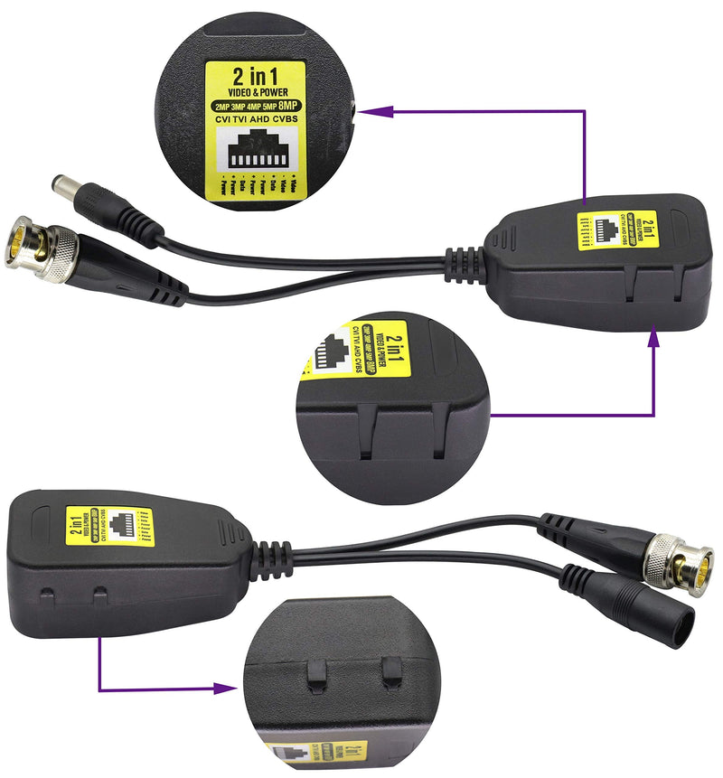 AAOTOKK Power Video Balun DC BNC to Cat5 RJ45 Network Transceiver HD-CVI/TVI/AHD/CVBS with DC Connector for 720P 960P 1080P 3MP 4MP 5MP 8MP CCTV Security DVR Surveillance Camera System(18cm-4Pairs) 4Pairs