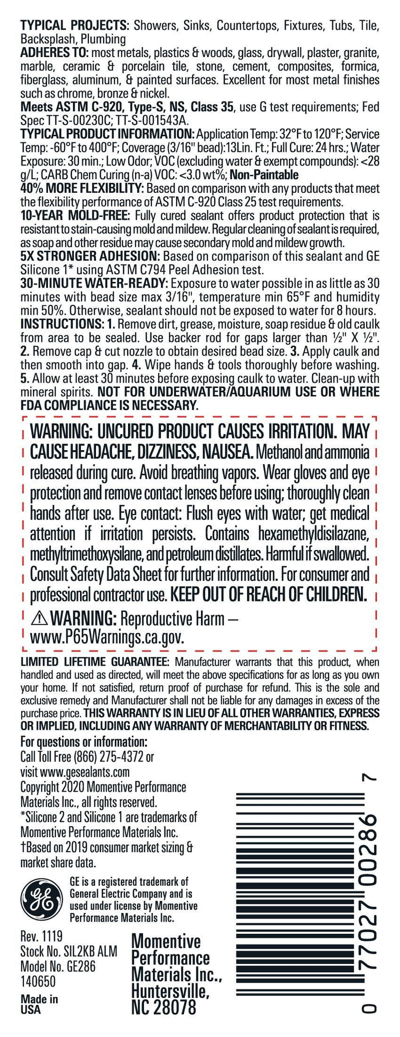 GE Sealants & Adhesives GE286 Advanced Silicone 2 Kitchen & Bath Sealant, 2.8oz, Almond