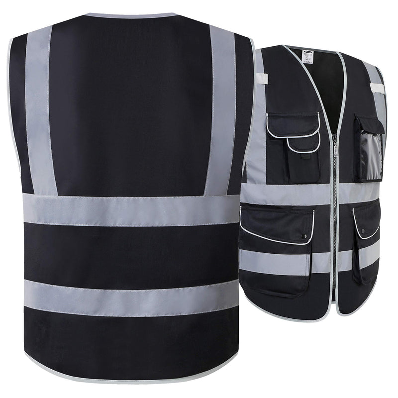 JKSafety 9 Multi-Functional Pockets Zipper Front Safety Vest With Reflective Strips Meet ANSI/ISEA Standards (150-Black, Medium) Black