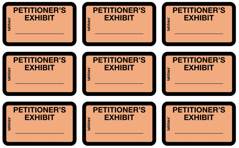 Tabbies Legal Exhibit Labels, Label: 1-5/8"W x 1"H, Sheet: 5-1/4"W x 3-1/4"H, Orange,"PETITIONER'S Exhibit" 252 Label/Pack (58026) Petitoner'S Exhbit