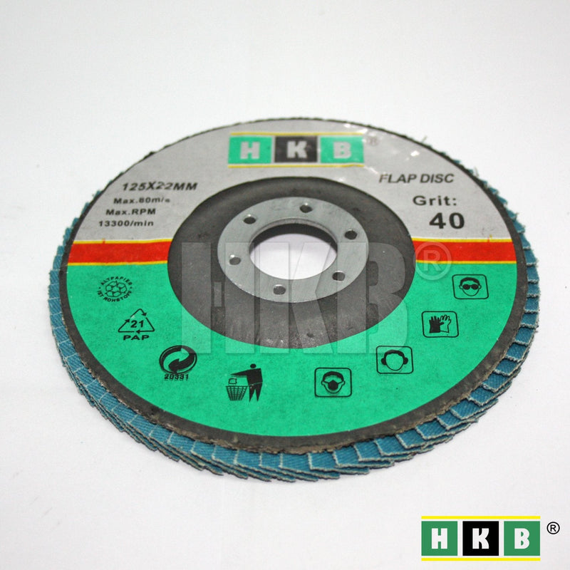 HKB ® Pack of 8 flap discs, 2x each grain 40, 60, 80, 120, grinding disc, grinding mop, 125x22mm, blue, zirconium, for stainless steel, metal, INOX, for flex and angle grinders, item no. 50145