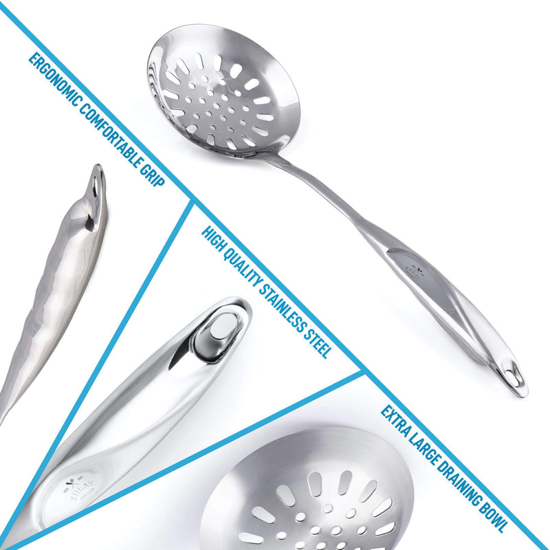 Zulay Kitchen Skimmer Spoon - Stainless Steel Slotted Spoon With Extra Large Bowl, Built-In Hang Hole & Comfortable Grip Handle - Durable Food Grade Strainer Spoon For Draining & Frying (14.5 inch)