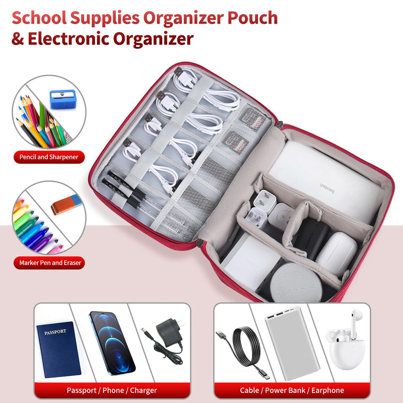 Travel Electronic Organizer, Portable Tech Bag with Handle, Tech Organizer Travel Case with Double zipper, Cable Organizer for Charger, iPad, Power Bank, Bluetooth Headset, Red