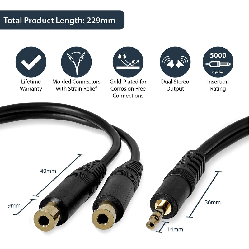 StarTech.com 6 in. 3.5mm Audio Splitter Cable - Stereo Splitter Cable - Gold Terminals - 3.5mm Male to 2x 3.5mm Female - Headphone Splitter (MUY1MFF),Black Standard Cable Black
