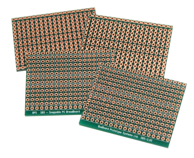 SB5x2 Snappable PCB BreadBoard with 5-Hole Strips 2-Pack, Scored PCB, Snaps Into 4 Small Boards, 2-Layer, Plated Holes, Power Rails, 2.8 x 3.8in (73.7 x 96.5mm)