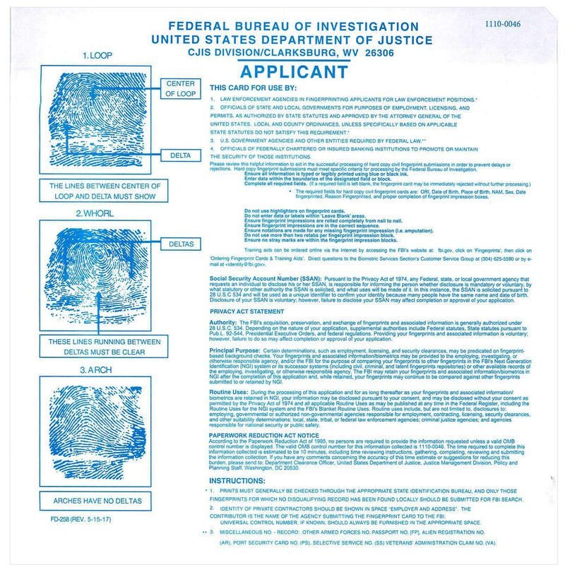 FD-258 Fingerprint Kit: 5 Cards, Ink, and Directions