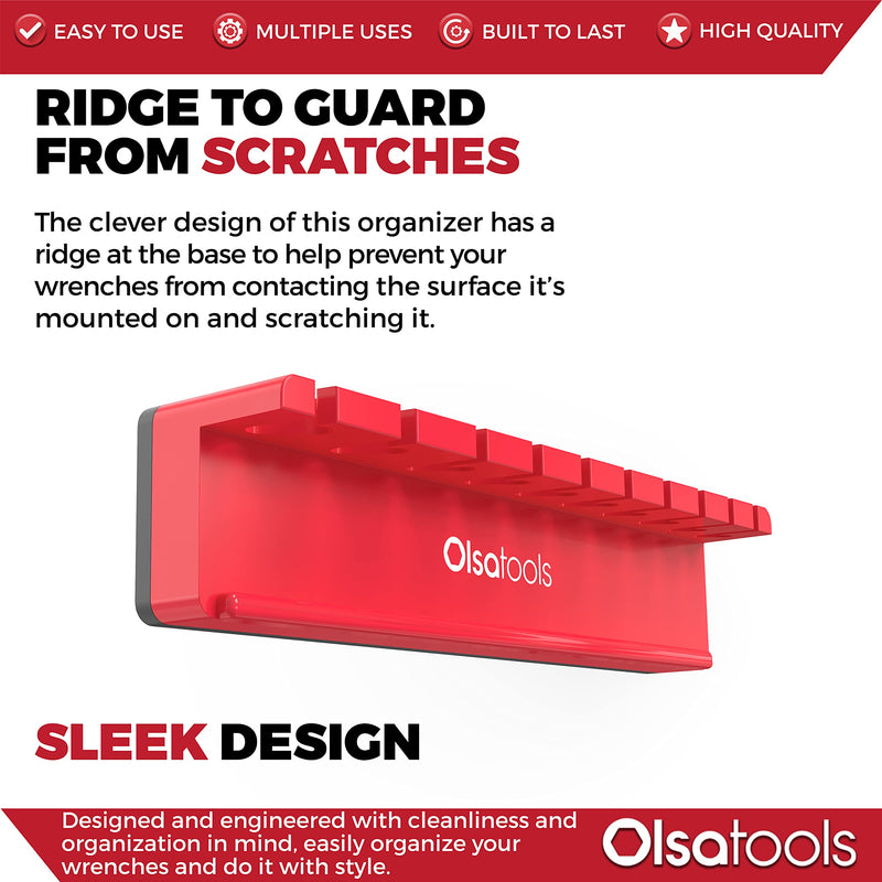 Olsa Tools Magnetic Wrench Organizer (Red) | Wrench Holder Fits Wrenches SAE 3/8" Thru 15/16" & Metric 10mm Thru 19mm | Professional Grade Red