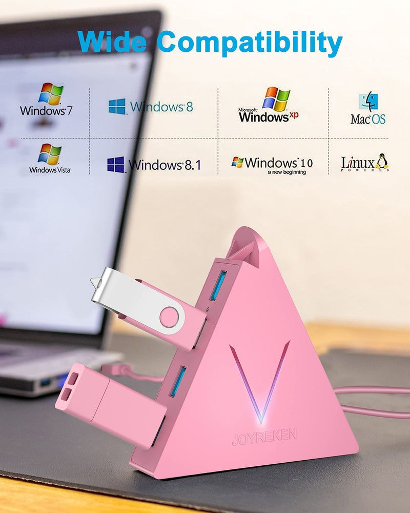 JoyReken 4-Port USB 3.0 Hub, FlyingVHUB Vertical Data USB Hub with 2 ft Extended Cable, for Mac, PC, Xbox One, PS4, PS5, iMac, Surface Pro, XPS, Laptop, Desktop, Flash Drive, Mobile HDD(Pink) Pink