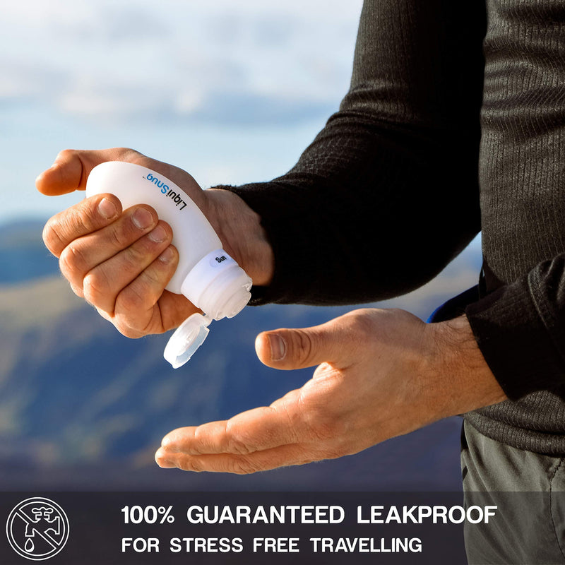 LiquiSnugs Premium - 100% Guaranteed Leak Proof - Silicone Travel Bottles (4 PACK) TSA Approved. Premium Range with Suction Cups and Adjustable Labels - by TravelSnugs