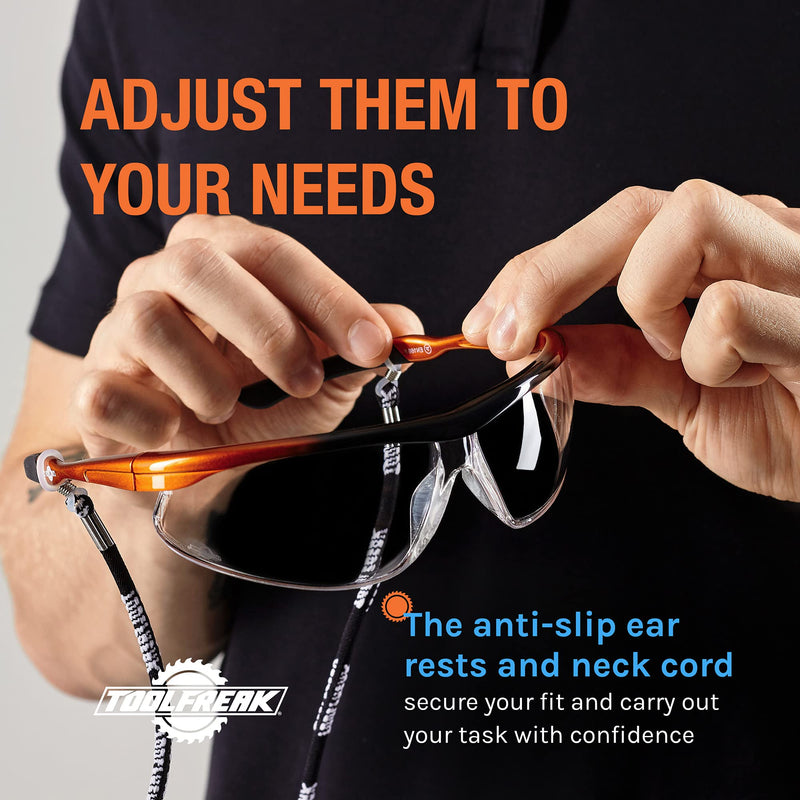 ToolFreak Agent Safety Glasses, Wraparound Lens, U6 UV and Impact Rating to ANSI z87.1, Pouch and Neck Cord Clear Lens