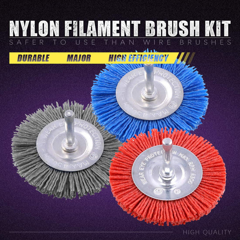 Swpeet 3 pieces 3" 75mm nylon filament abrasive wire cup brush kit with 1/4 inch shaft, including fine medium coarse grit perfect for removing rust, corrosion, S665, round wheel brush