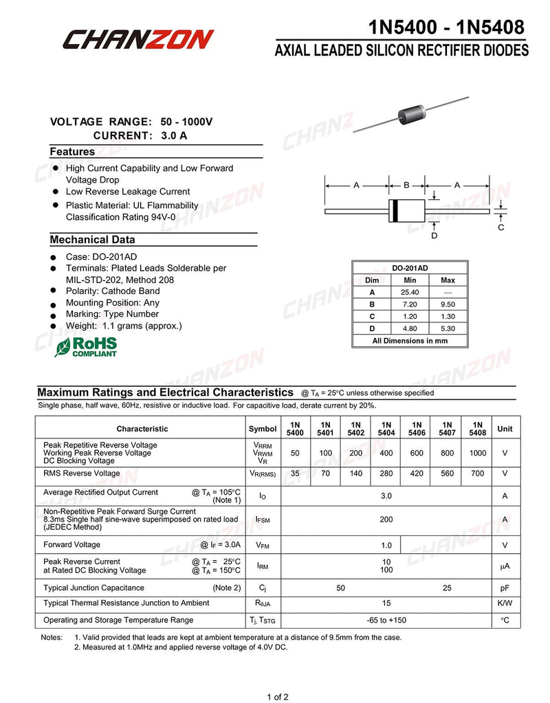 Chanzon (Pack of 50 Pieces) 1N5404 Rectifier Diode 3A 400V DO-201AD (DO-27) Axial 5404 IN5404 3 Amp 400 Volt Electronic Silicon Diodes