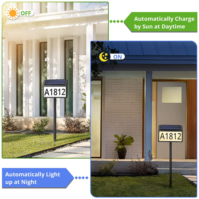 Solar Address Sign Lighted House Numbers Waterproof, Solar Powered LED Illuminated Address Plaques with Stakes, 3-Color in 1 Outdoor Address Number for Home Street Yard Driveway
