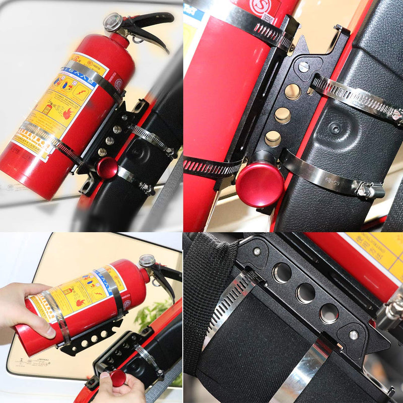 Quick Release Adjustable Aluminum Fire Extinguisher Holder Mount Bracket Compatible with for Jeep Wrangler UTV Polaris RZR Ranger Camper Van with Pillar Black