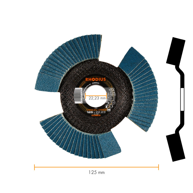 RHODIUS VISION PRO, 5 pieces Ø 125 mm K80 flap discs, transparent, made in Germany, metal stainless steel INOX, for angle grinders, grinding discs, flap discs Ø125 K80