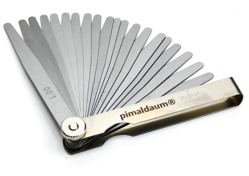 PIMALDAUM® feeler gauge 20 blades, 0.05-1.00 mm, according to DIN 2275, manganese steel for simple and precise measurement and testing of gap widths, thicknesses and distances/gaps