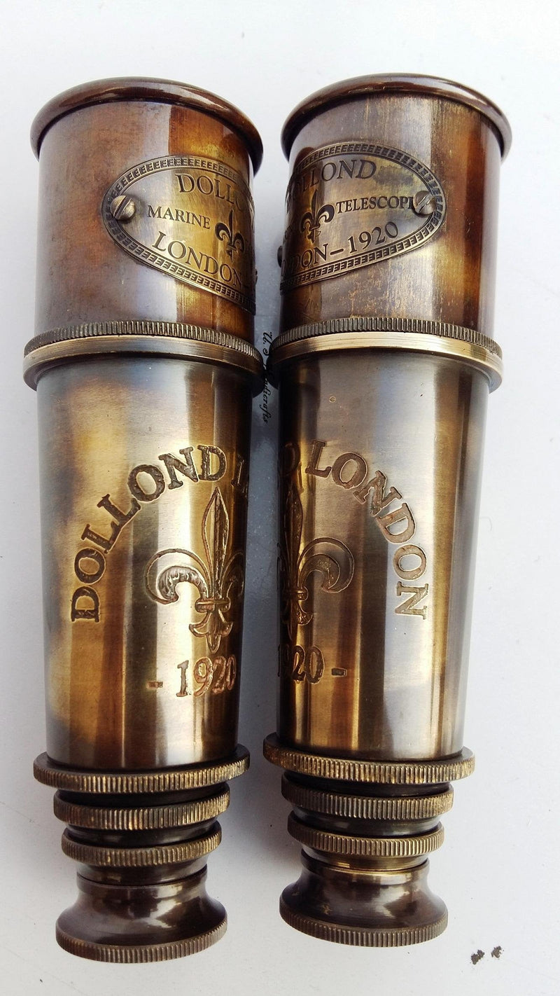 DOLLOND London 1920 Marine Collectible Décor Nautical Spyglass Antique Mounted Solid Brass 15 Inch Pirate Telescope with Wooden and Branded corrugate Box.