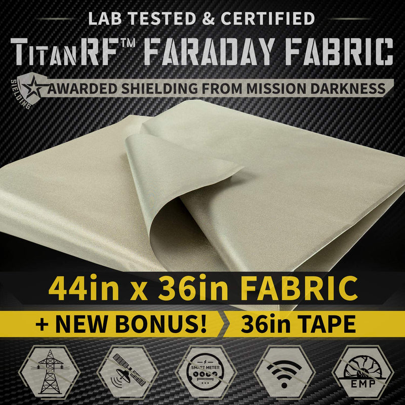 TitanRF Faraday Fabric Kit Includes 44"W x 36"L TitanRF Fabric + 36"L TitanRF Tape + Instructions. Military Grade Conductive Material Shields RF Signals (WiFi, Cell, Bluetooth, RFID, EMF Radiation). 1 Yard (44in W x 36in L)