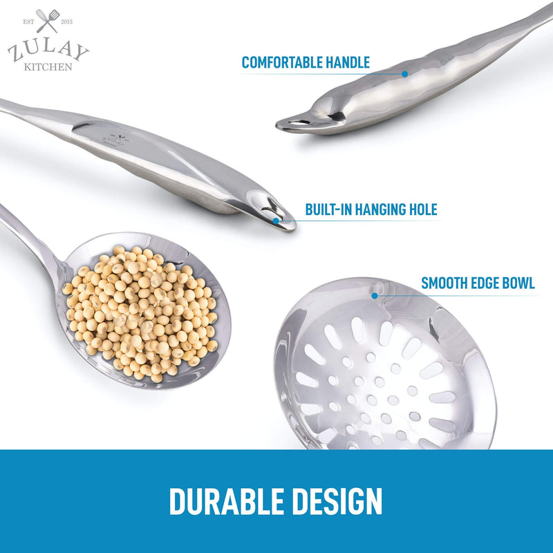 Zulay Kitchen Skimmer Spoon - Stainless Steel Slotted Spoon With Extra Large Bowl, Built-In Hang Hole & Comfortable Grip Handle - Durable Food Grade Strainer Spoon For Draining & Frying (14.5 inch)