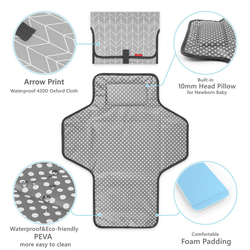 Portable Changing Pad for Baby|Travel Baby Changing Pads for Moms, Dads|Waterproof Portable Changing Mat with Built-in Pillow|Excellent Baby Shower/Registry Gifts Lt Grey with Print
