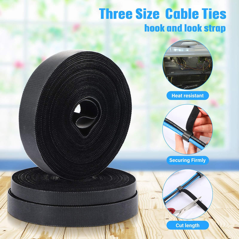 3 Rolls Fastening Tape Cable Ties Reusable Fastening Nylon Tape 1 Inch 1/2 Inch 3/4 Inch Double Side Hook Roll Hook and Loop Straps Wires Cords Management Wire Organizer Straps, 30 Yards (Black)