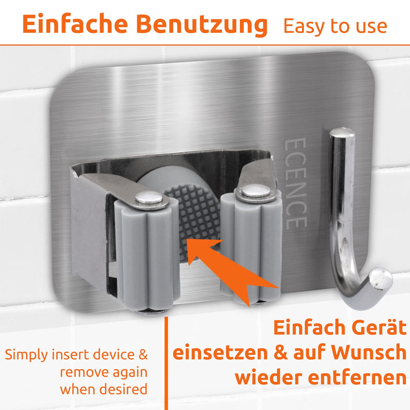 ECENCE 4x self-adhesive device holder, broom holder, wall mount for kitchen, utility room, bathroom, universal holder with quick release, silver