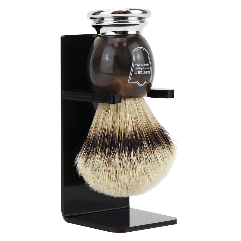 Parker Safety Razor - Faux Horn Handle, 100% Silvertip Badger Men's Shaving Brush & Stand, Hand Crafted with Parker's Long Loft Bristles