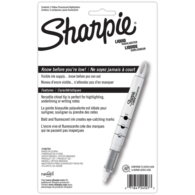 Sharpie 24527PP Accent Sharpie Pen-Style Highlighter, Yellow, 5-Pack 5-Count