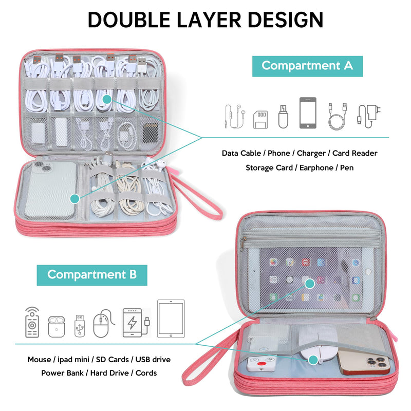 CILLA Electronics Organizer Travel, Travel Cord Organizer Case, Compact Electronics Accessories Bag for Cable, Cord, Charger, Phone Pink