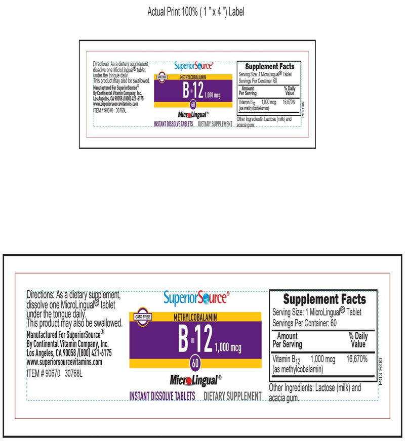 Superior Source No Shot Vitamin B12 Methylcobalamin, Quick Dissolve Sublingual Tablets, Active Form of B12, Increase Metabolism, Energy Production, Nervous System Support, Non-GMO (Vitamin B12 1,000mcg) Vitamin B12 1,000mcg
