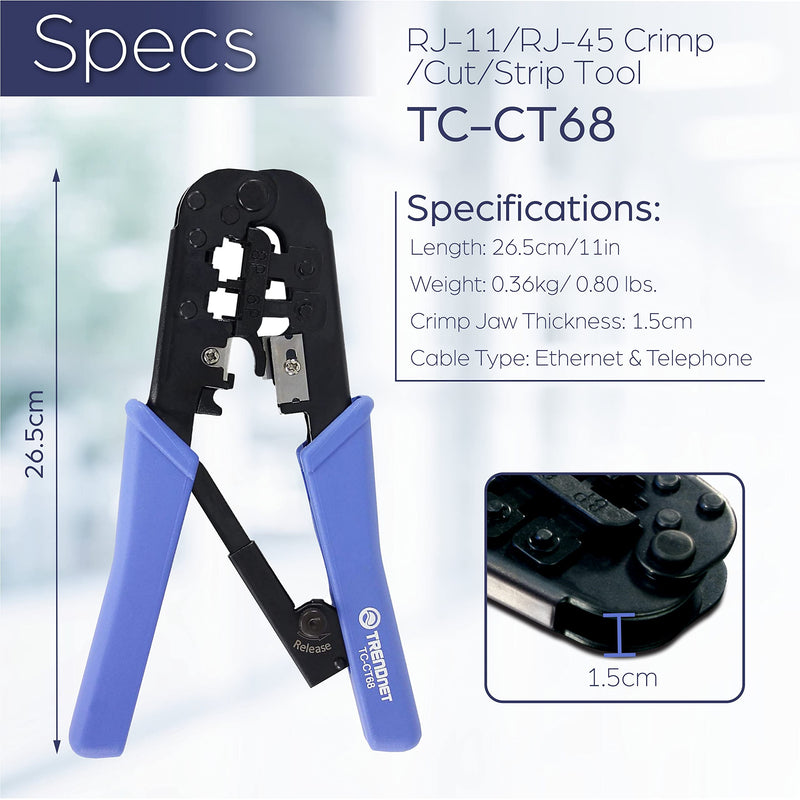 TRENDnet TC-CT68 8P/RJ-45 and 6P/RJ-12, RJ-11 Crimping, Cutting, Stripping Tool, Black Crimping/Cutting/Stripping Tool