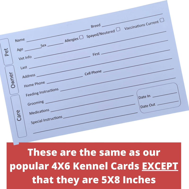 Kennel Cards (5X8 Inches, 100 Pack) for kennels, Shelters, Veterinarians, vets and Groomers