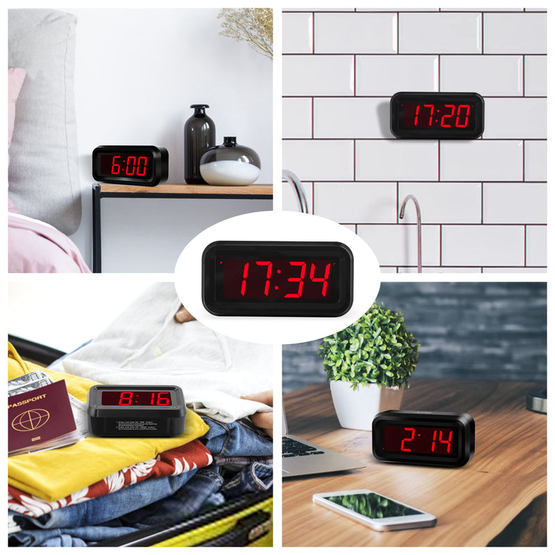 KWANWA Alarm Wall Small Clock, Battery Operated, Adjustable 3-Level Led Brightness, Dim Night Model, 12/24Hr, Cordless, Constantly 1.2'' Red Digits Display for Bedroom/Travel Black Case-red Led
