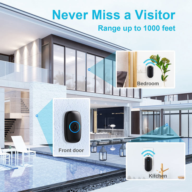 SECRUI Wireless Doorbell – Doorbell Wireless Kits with 2 Receivers – Battery Operated Doorbell with 52 Chimes, 110dB, Flash Lights, – Waterproof Modern Doorbell – Over 1000ft Coverage Black