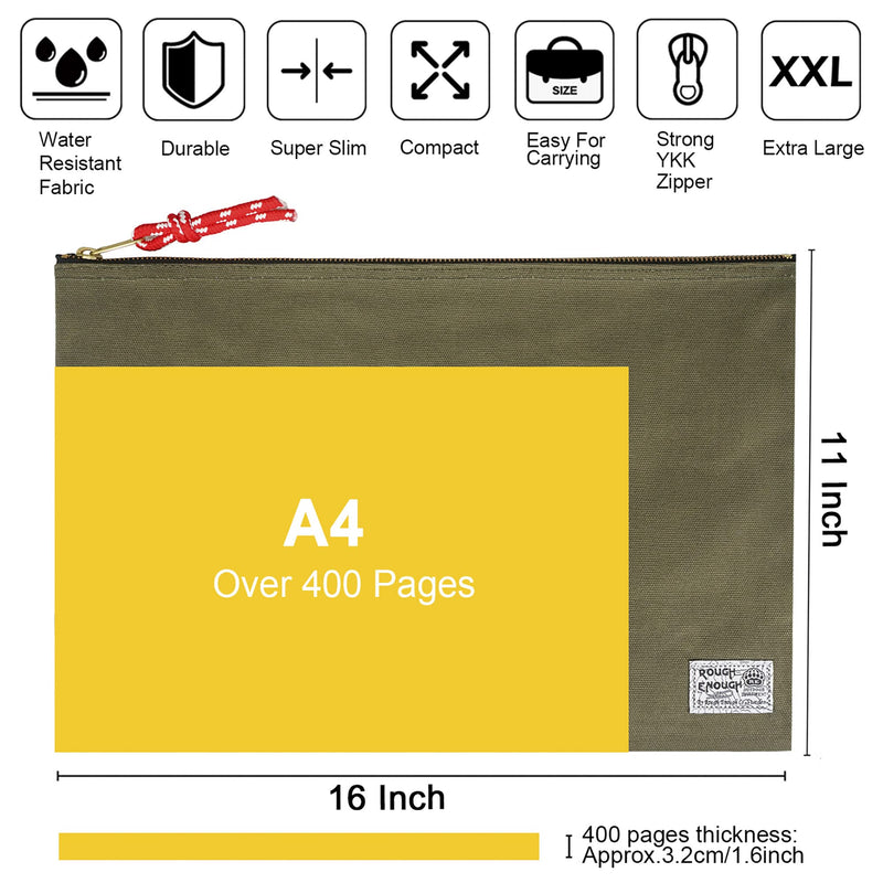 Rough Enough Document Organizer Storage File Holder Bag Zipper Pouch for Legal Size Paper Art Supplies in Army Green Waxed Canvas