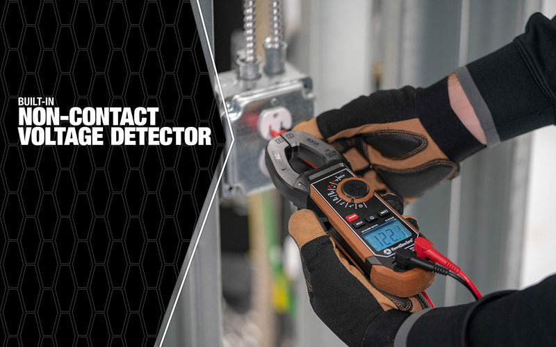 Southwire 21510N clamp meter, third-hand test probe holder, 400A AC current range, CAT III 600V safety rating, built-in non-contact voltage detector, 5 year warranty, Black Brown