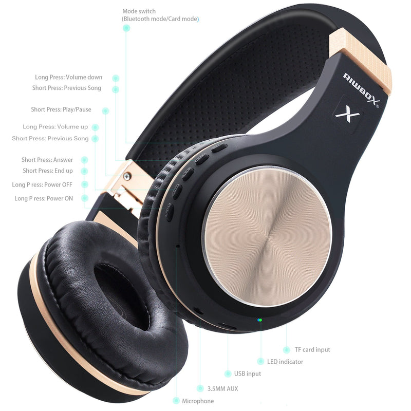 Bluetooth Headphones, Riwbox XBT-80 Folding Stereo Wireless Bluetooth Headphones Over Ear with Microphone and Volume Control, Wireless and Wired Headset for PC/Cell Phones/TV/ipad (Black Gold) Black Gold