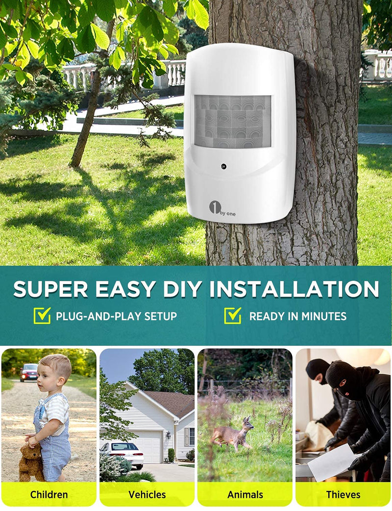 Driveway Alarm, 1byone Home Security Alert System with 36 Melodies, 1 Plug-in Receiver and 1 Weatherproof PIR Motion Detector, 1000ft Wireless Transmission Range and 24ft PIR Detection Range One Receiver One Sensor