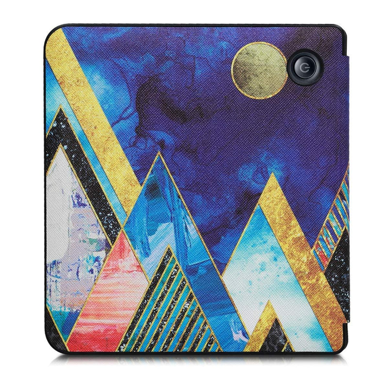 kwmobile Origami Case Compatible with Kobo Libra H2O - Case Slim Premium PU Leather Cover with Stand - Moon and Mountains Gold/Coral/Dark Blue Moon and Mountains 21-76-17