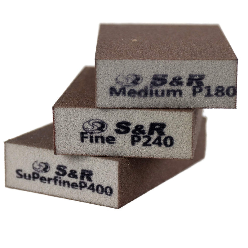 S&R sanding sponge set 9 pieces, 100 x 70 x 25 mm, sanding blocks, hand sander, 3 grits, medium 3X P180, fine 3X P240, super fine 3X P400 for grinding, polishing metal, wood, steel, stainless steel