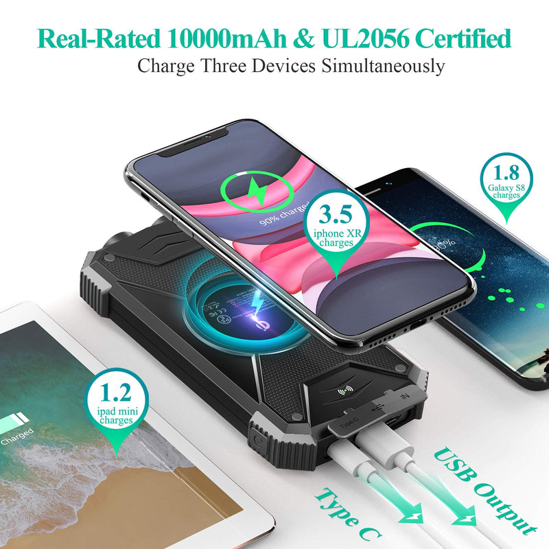 Solar Charger Power Bank, Qi Wireless Charger 10,000mAh External Battery Pack Type C Input Port Dual Flashlight, Compass, Solar Panel Charging (Black) Black