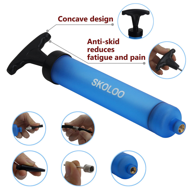 Skoloo 10" Portable Hand Air Ball Pump Inflator Kit with Needle, Nozzle, Extension Hose for Soccer Basketball Football Volleyball Water Polo Rugby Exercise Sports Ball Balloon Swim Inflatables Blue